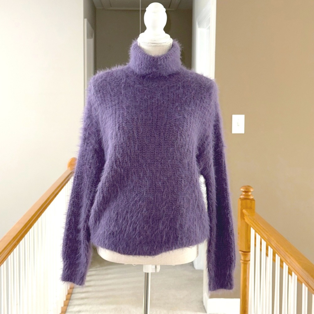 Main Strip Purple Eyelash Fuzzy Mink Blend Turtleneck Sweater S